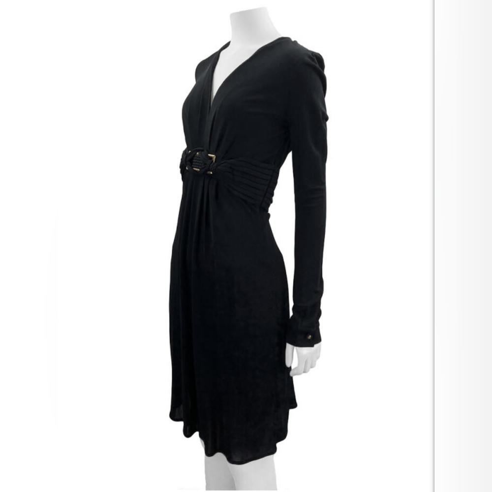 Gucci Long Sleeve Black V-Neck Dress with Decorative Buckle